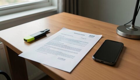 A desk with a lease document lying open, a highlighter resting across the margin and a phone turned face down beside it in flat daylight from a window on the left.