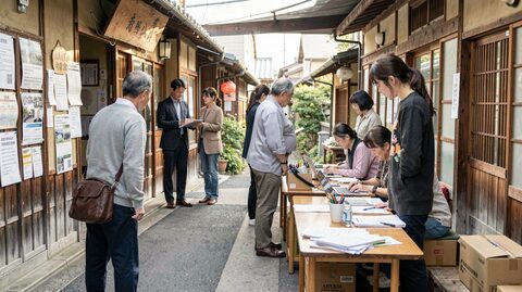 A narrow lane between old wooden houses, a wall of pinned notices and leaflets on the left, a row of trestle tables on the right where four seated staff work at laptops and paper forms, and a dozen people standing and waiting.