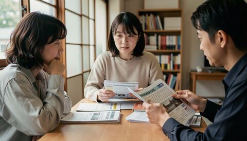 Three people around a wooden table in a room with paper screen doors and a full bookcase, each holding an open printed booklet, more stapled sheets stacked in front of them and daylight falling from the left.