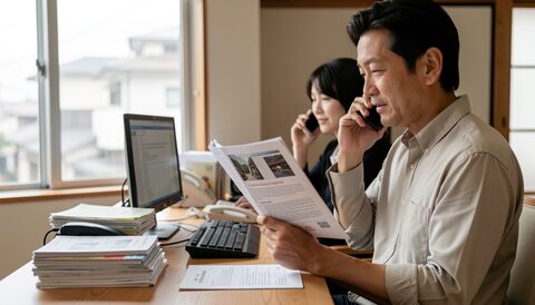 A man in a pale shirt at a desk beside a window, a phone at his ear and an open printed brochure in his hand, a monitor, a keyboard, a desk telephone and two stacks of leaflets beside him, a colleague on the phone behind.