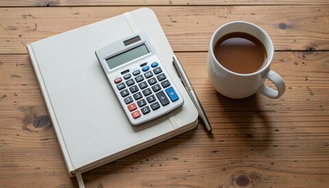 A wooden table seen from directly above with a pocket calculator, a closed notebook, a pen and a mug of coffee set out in a loose square, no screen in the frame.