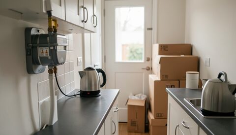A narrow kitchen with a gas meter set into the wall, a kettle on the counter, a cloth on the rail and two stacked moving boxes standing by the door in flat afternoon light.